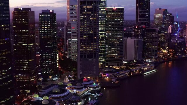Aerial View Of Brisbane Central Business District And Brisbane River At Night In Queensland, Australia. - aerial drone shot