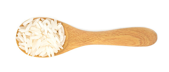 Thai jasmine rice in wooden spoon isolated on white background