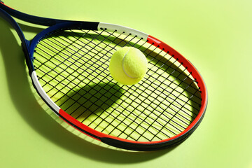 Tennis racket and ball on green background. Sports equipment