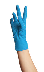 Woman in blue latex gloves holding something on white background, closeup of hand