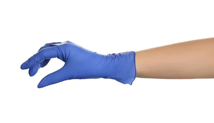Foto op Plexiglas Woman in blue latex gloves holding something on white background, closeup of hand © New Africa