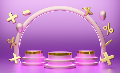 Podium empty with geometric shapes  in purple or violet composition for modern stage display and minimalist mockup ,abstract showcase background ,Concept Cost calculation, 3d illustration or 3d render