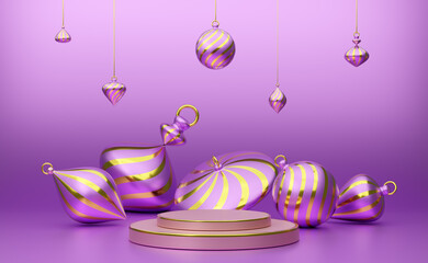 Podium empty with geometric shapes  in purple or violet composition for modern stage display and minimalist mockup ,Concept Christmas and a festive New Year, 3d illustration or 3d render