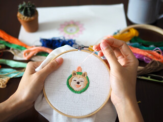 hand craft embroidery art woman hobby shiba dog flower pattern handmade selected focus