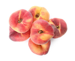 Fresh ripe donut peaches on white background, top view