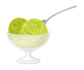 Green Ice Cream Balls in Glass Bowl as Matcha Dessert Vector Illustration