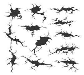 Cracks and black holes in ground, ice, wall, paper, eggshell set. Cleft, split, break, cranny.