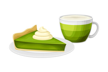 Green Cake with Whipped Cream on Plate and Tea in Cup as Matcha Dessert Vector Illustration