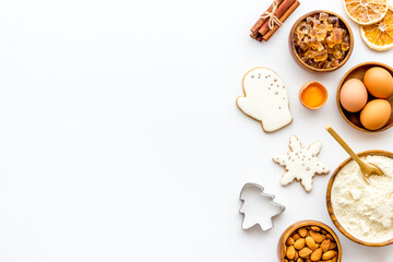 Cooking background with icing gingerbread cookies for Christmas, top view
