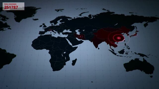 Map of Covid-19 pandemic, animation of spreading from Wuhan, China to the world