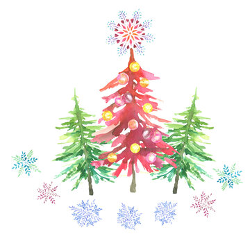 watercolor christmas tree and snowflakes
