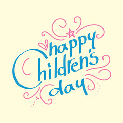 Obraz premium Happy Children's Day greeting card. Doodle letters on white background with child style.