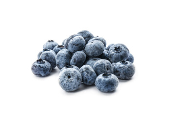 Heap of tasty frozen blueberries on white background