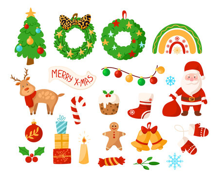 Christmas kids clipart - Santa Clause, reindeer, wreath, bell, sugar candy cane, New Year decorations, holly, festive rainbow, Christmas tree, gifts, garland, stocking - vector isolated images