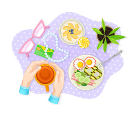 Hands Holding Hot Tea Cup Above View on Table Setting Vector Illustration