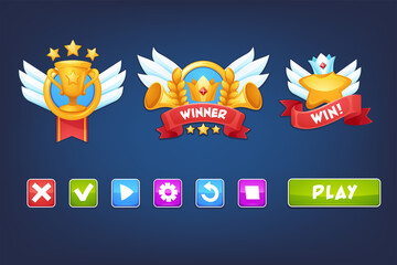 Vector set of Mobile Game UI elements, win icons and buttons