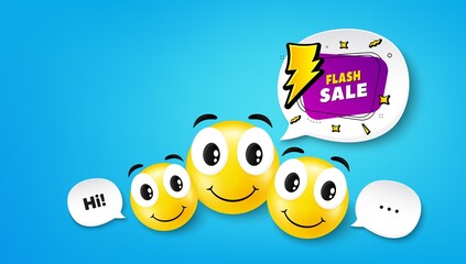 Flash sale banner. Smile face with speech bubble. Discount sticker shape. Coupon bubble icon. Smile face character. Flash sale speech bubble icon. Chat background. Vector