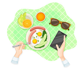 Hands Eating Scrambled Eggs with Sausages and Holding Smartphone Above View on Table Setting Vector Illustration