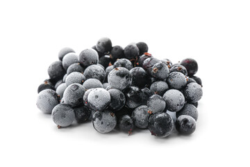 Heap of tasty frozen black currants on white background