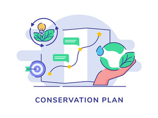 conservation plan concept hand hold earth water leaf target bulb lamp white isolated background with flat outline style
