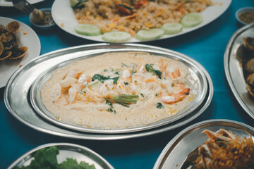 Steamed egg with shrimp and vegetables and many seafood