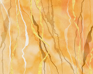 abstract watercolor background. Orange background with gold marbled stripes, hand painted