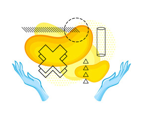 Human Hands with Colorful Abstract Shapes and Contour Geometrical Objects Vector Illustration
