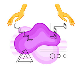 Human Hands with Colorful Abstract Shapes and Contour Geometrical Objects Vector Illustration