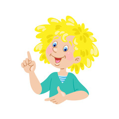 Children's emotions. A good idea. Happy girl finds the right solution. In  cartoon style. Isolated on white background. Vector flat illustration.