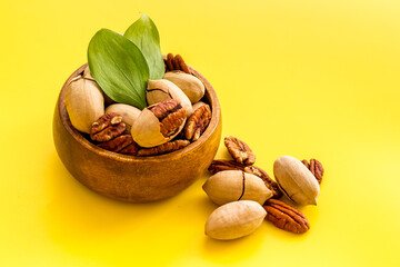 Close up of pecan nuts set. Food background
