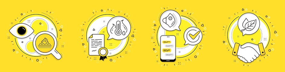 Fever temperature, Skin care and Medical mask line icons set. Licence, cell phone and deal vector icons. Leaf sign. Thermometer, Face cream, Surgical mask. Nature leaves. Healthcare set. Vector