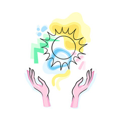 Human Hands with Colorful Abstract Shapes and Contour Shining Sun Vector Illustration