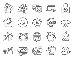 Technology icons set. Included icon as Cloud system, 5g internet, Rating stars signs. Update data, Bitcoin coin, Cloud computing symbols. Loan percent, Portable computer, Yummy smile. Vector
