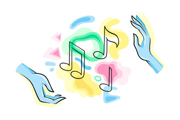 Human Hands with Colorful Abstract Shapes and Contour Music Notes Vector Illustration