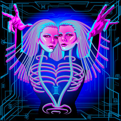 A series of neon Horoscope signs, in the style of cyberpunk. Zodiac Sign: Gemini