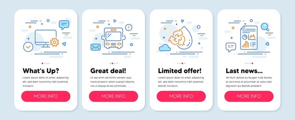 Set of Technology icons, such as Monitor settings, Recycle water, Bus symbols. Mobile app mockup banners. Report document line icons. Service cogwheel, Refill aqua, Tourism transport. Vector