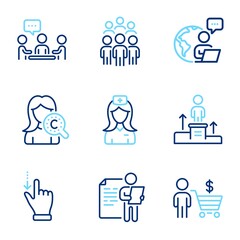 People icons set. Included icon as Touchscreen gesture, Collagen skin, Job interview signs. Buyer, Business podium, Group people symbols. Hospital nurse, People chatting line icons. Vector