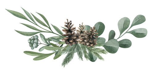 Watercolor composition with green winter leaves, branches, berries, eucalyptus, pine cone. Christmas bouquet isolated on white background. Aesthetic illustration for wedding, business card, promotions