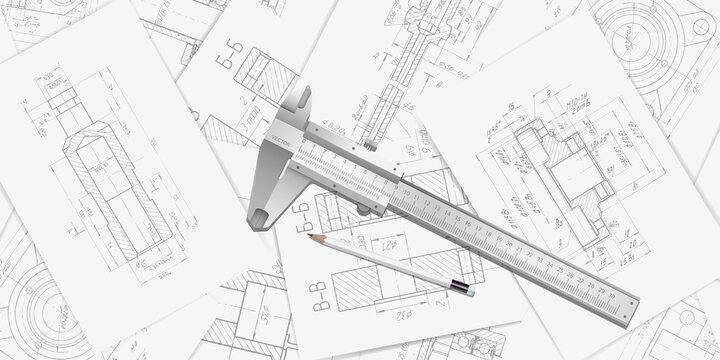 Engineer technician designing drawings.Top view of drawing tools .Mechanical Engineering background.Vector illustration.	