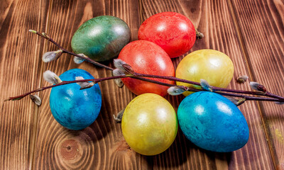 Easter eggs with pussy willow sprigs on wooden background