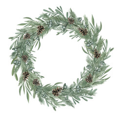 Watercolor Christmas wreath with pine, fir, mistletoe, branches, eucalyptus, pine cone, leaves and berries. Winter frame with botany. Decorative floral ornate