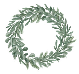 Watercolor Christmas wreath with pine, fir, mistletoe, branches, eucalyptus, leaves. Winter frame with botany. Decorative floral ornate © Kate K.