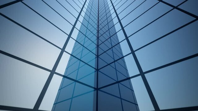 3d rendering of part of an abstract bright skyscraper with moving camera and seamless loop. Simple forms of buildings in daylight with reflections.