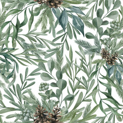 Fototapeta premium Watercolor seamless pattern with winter green leaves and branches, spruce, pine cone, eucalypt. Floral botanical background with winter decorative elements. 