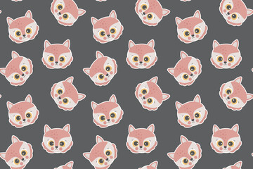 Seamless pattern of cartoon cute fox faces with big yellow eyes, ruddy cheeks and white outline like stickers on a dark brown background. For fabric, digital paper, clothes . Kawaii characters. Vector