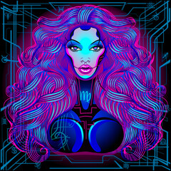 A series of neon Horoscope signs, in the style of cyberpunk. Zodiac Sign: Virgo