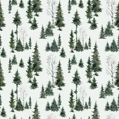 Wallpaper murals Forest Watercolor seamless pattern with winter trees. Spruce, birch, pine, Christmas tree. Nature background. Forest landscape.