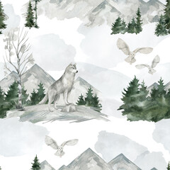 Watercolor seamless pattern with wildlife winter landscape, grey wolf, snowy owl, mountains, spruce. Wildlife nature elements, animals, trees for children's textile, wallpaper, covers