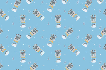 Kid`s seamless pattern of cute little cartoon characters deers in clothes skating on ice and Christmas trees with white outlines on a blue background. Childish digital paper. Vector.
