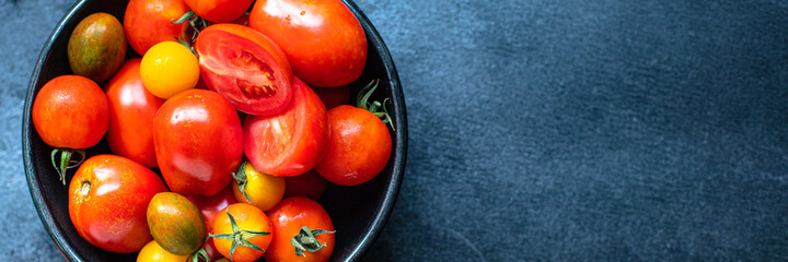 tomato fresh vegetable for salad, harvest meal on the table tasty top view copy space for text food background rustic keto or paleo diet